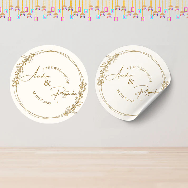 Aesthetic Golden Breeze Wedding Sticker - Customized Text for Invites & Gifts